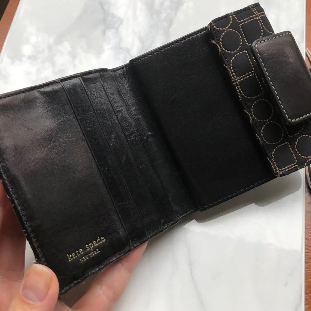 🕶️vintage Kate Spade⚡️monogram stitch 2000's wallet Black/beige pink lining - Picture 4 of 4